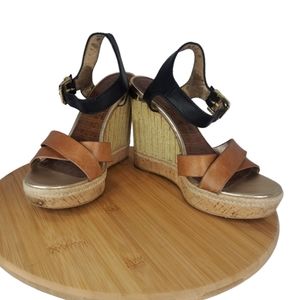 Sam Edelman Tan and Black Leather Wedge Sandals